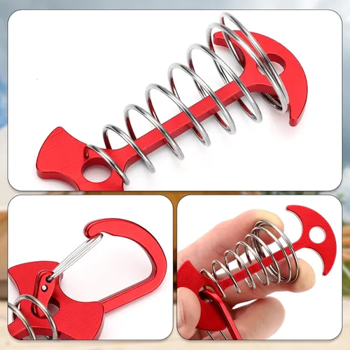 Miniatura 2 de TOBWOLF 10 clavijas de anclaje de cubierta rojas con mosquetones, estacas de aluminio resistentes al viento para tienda de campaña, anclajes de Rojo