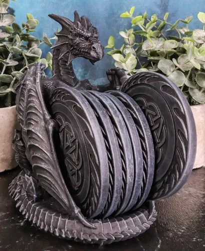 Miniatura 2 de Ebros Gift Juego de posavasos de dragón guardián con alas góticas con nudos celtas, con 6 posavasos redondos de 6.25 pulgadas de alto, Calabozos