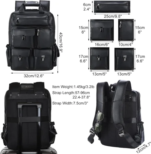 Miniatura 2 de Masa Kawa Mochila de cuero negro para hombre 15.6 pulgadas, bolsa para computadora portátil, múltiples bolsillos, casual, trabajo, negocios, viajes