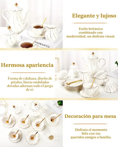Miniatura 4 de DUJUST Juego de té de porcelana blanca de 22 piezas para 6, juego de tazas de té y café de lujo estilo británico con ribete dorado, hermoso juego