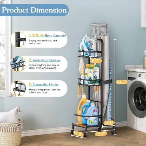 Miniatura 2 de Soporte para tabla de planchar, soporte para plancha y tabla de planchar sin montaje en la pared, carrito de organización y almacenamiento