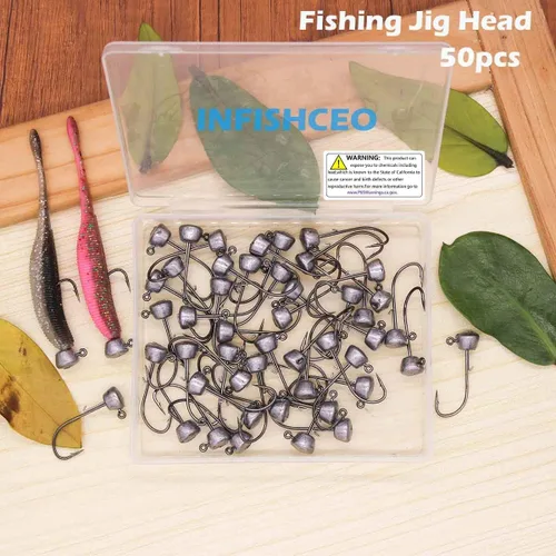 Miniatura 8 de Ned Rig - Ganchos de pesca con cabeza de jig, paquete de 50 cebos Ned Rig para pesca de lubina, ganchos de cabeza de plantilla para señuelos suaves