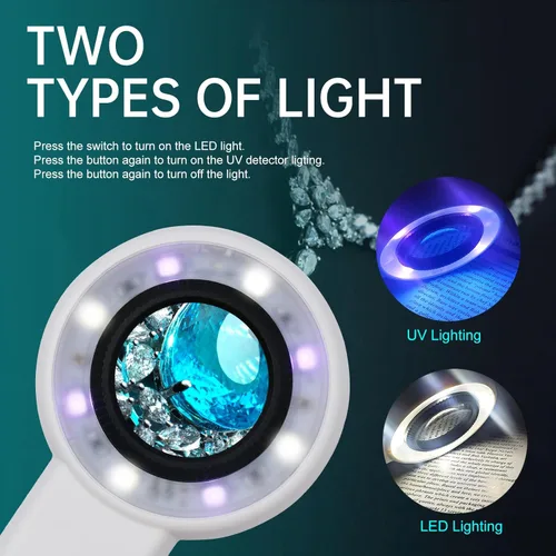 Miniatura 2 de Lupa de mano 60X con luces UV y LED, lupa con lente óptica de 1.181 in, control de luz táctil, indicador LED de batería, lupa recargable