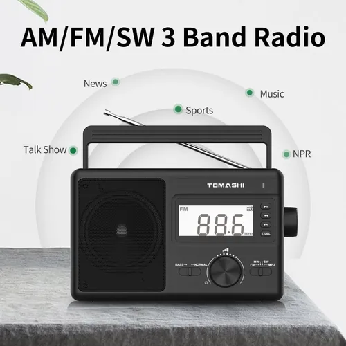 Miniatura 2 de TOMASHI Radio portátil AM/FM/SW de 3 bandas, radio AM FM con reloj, funciona con pilas, Micro SD/USB para reproducción de MP3/WMA, pantalla LCD