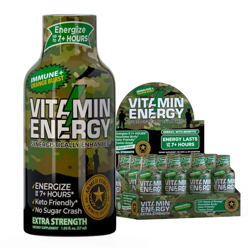 Vitamin Energy Immune+ Extra Strength Energy Shot Army Orange 10 unidades, 260 mg de cafeína natural, vitaminas B, citicolina, té verde, apoyo para