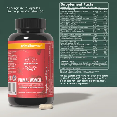 Miniatura 2 de Primal Harvest Women+, Multivitamin para mujer con vitamina A, vitamina C, vitamina D y E, vitamina B12, B6, biotina, suplementos de zinc, 1 paquete