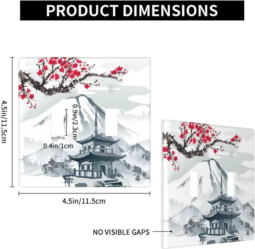 Miniatura 3 de Placa de pared para interruptor de luz de palanca, torre de montaña con diseño de cerezo japonés, cubierta de doble interruptor, tamaño de 2 bandas