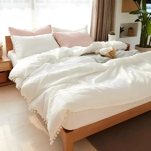 Miniatura 2 de INDACORIFY White Duvet Cover with Pom Pom Duvet Cover Boho Bedding 100% Cotton Washed Duvet Cover Queen Size Duvet Cover Comorter Cover Set