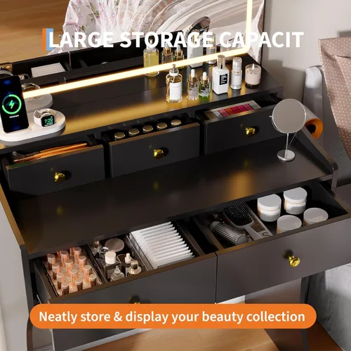 Miniatura 6 de Garvee Tocador de 31.5 pulgadas de ancho con silla, tocador para mujer con taburete, espejo LED, soporte para secador de pelo, toma de corriente, 3