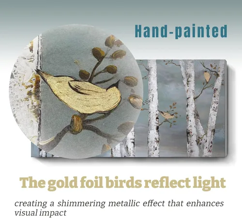 Miniatura 4 de AMATOP Arte de pared turquesa 100% pintado a mano, pintura al óleo de paisaje forestal en lienzo, obra de arte enmarcada original, pájaro dorado