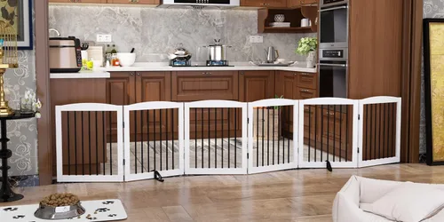 Miniatura 40 de PUPETPO Puerta independiente para mascotas para perros, puerta plegable de madera para perros para casa, puerta interior para perros para puertas