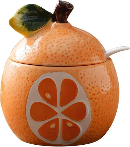 Miniatura 5 de Cerámicas Tazón de Azúcar en Forma de Fruta, Salero, Pimentero, Frasco de Almacenamiento con Tapa y Cuchara, Caja de Condimentos, Ollas de Sandía