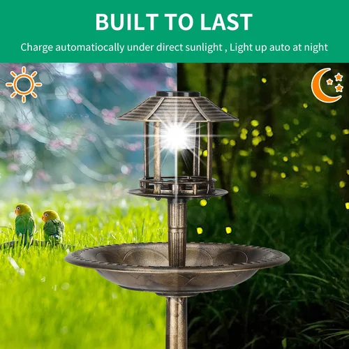 Miniatura 6 de Outvita baño para pájaros al aire libre, decoraciones de baños de pájaros de jardín con lámpara solar y base de maceta de flores de resina