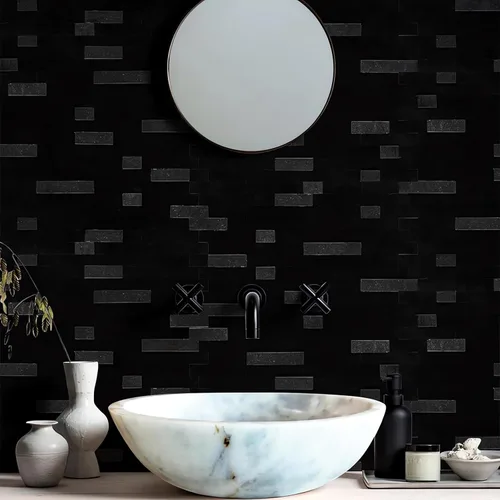 Miniatura 9 de Azulejos de mosaico de piedra natural 3D de 5 hojas, 12 x 11 pulgadas para despegar y pegar, azulejos de pared autoadhesivos negros mixtos