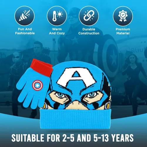 Miniatura 3 de Marvel Avengers - Juego de sombreros de invierno y guantes de nieve para niños y niños pequeños con lindos guantes y gorro suave pompones esponjosos