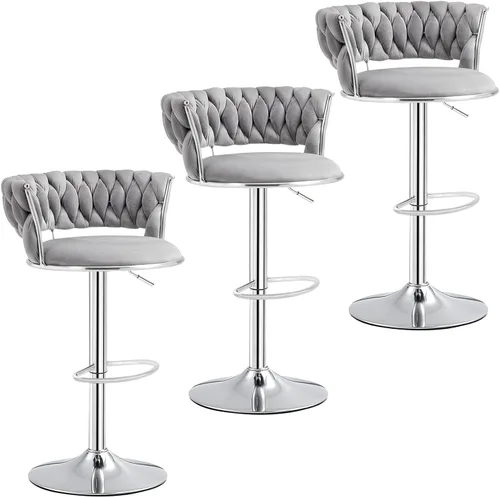 Miniatura 10 de Juego de 3 taburetes de bar verde esmeralda, modernos taburetes de bar giratorios de 360° con base plateada, sillas de bar de terciopelo, taburete