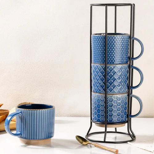 Miniatura 22 de GBhome Tazas de café apilables de 6 onzas, tazas de café de cerámica con patrones de textura para hombre, mujer, papá, mamá, juego de 4 tazas