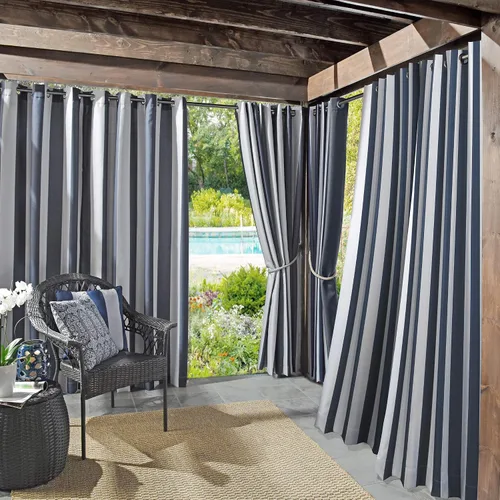 Miniatura 10 de Par de paneles de cortina con ojales Sun Zero Valencia estilo cabaña a rayas para interior/exterior con protección UV y eficiencia energética