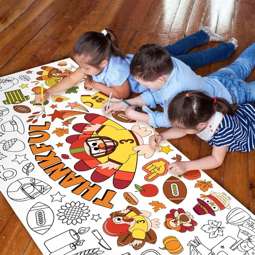 Miniatura 5 de BZaber Póster gigante para colorear de otoño de Acción de Gracias, 55 x 24 pulgadas, pancarta de dibujo de papel de pavo de fútbol, calabaza, hoja