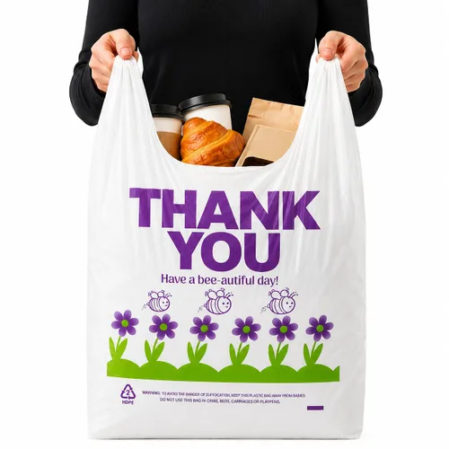 Miniatura 9 de YoYoRain 1000 Pack Bolsas de agradecimiento de playera blancas con asas, 11"x6"x21" Bolsas de plástico para compras para abarrotes, venta al por