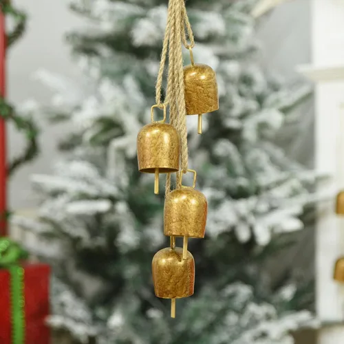 Campanas vintage de metal dorado con cuerda para colgar de yute, campana de vaca decorativa para bodas, fiestas y coronas de Navidad, 1.7 pulgadas