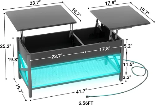 Miniatura 2 de Aheaplus Mesa de Centro Elevable Negra con Luz LED, Tomas de Corriente y Estante de Almacenamiento, 41.7"An x 19.69"L x 19.7"Al