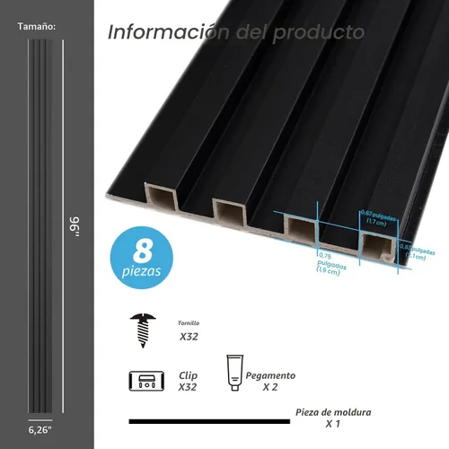Miniatura 4 de Art3d Paquete de 8 paneles de pared de listones acústicos WPC de 96 x 6 pulgadas para decoración interior moderna, fondo de TV, sala de estar, negro