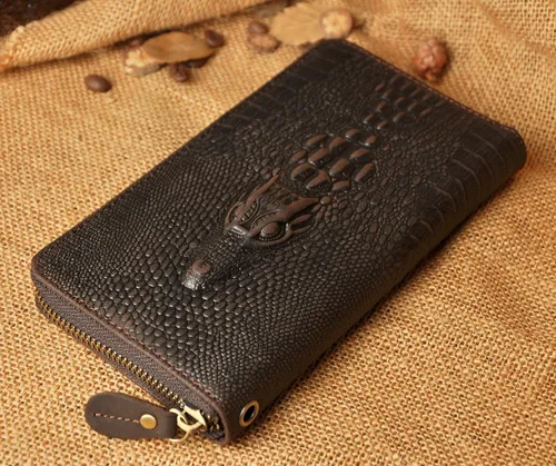 Miniatura 4 de Le'aokuu Unisex calidad cuero genuino cadena embrague mano bolso organizador monedero chequera cremallera cartera 1016, Cocodrilo marrón