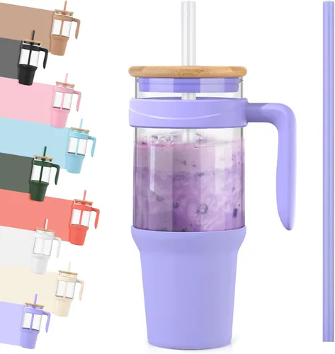 Miniatura 41 de Tronco Vaso de vidrio de 32 onzas con popote y tapa, tapa con popote 2 en 1 a prueba de fugas, botellas de agua de vidrio con asa, apto para Rosa