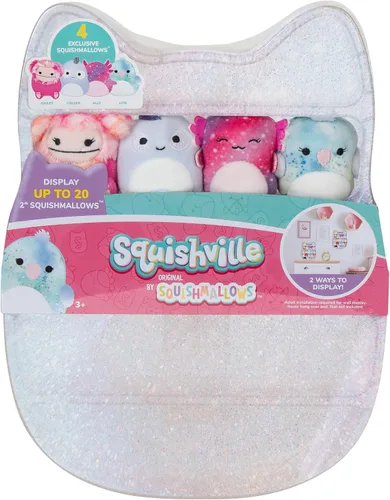 Squishville de Original Squishmallows para jugar y exhibir almacenamiento - Incluyen cuatro peluches de 5 cm - Pie Grande, Axolotl, Loro, Camaleón -