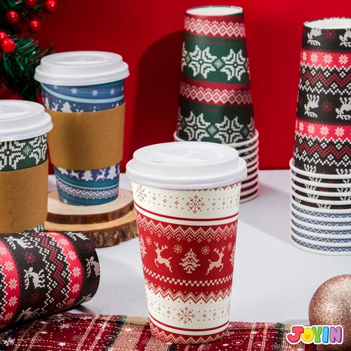 Miniatura 7 de JOYIN 24 piezas de vasos de papel desechables de Navidad, vasos de fiesta de Feliz Navidad de 16 oz con mangas y tapas, 4 diseños de vajilla