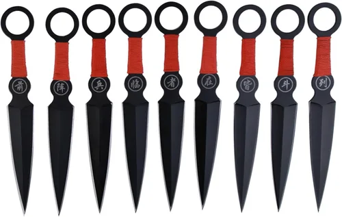 Miniatura 2 de Perfect Point Set de cuchillos de lanzamiento – Juego de 9 lanzadores, hojas de acero inoxidable negro con mangos envueltos en cordón rojo con 060