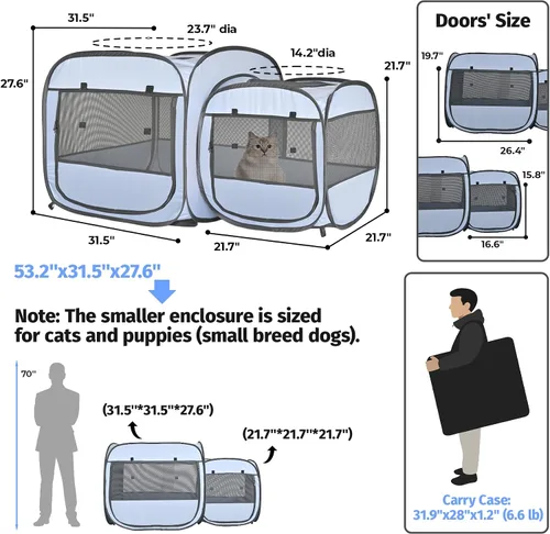 Miniatura 5 de EighteenTek® Corralito portátil 2 en 1 para gatos (puertas delanteras), corralito desplegable para gatitos, sin montaje, cajas de tienda de campaña