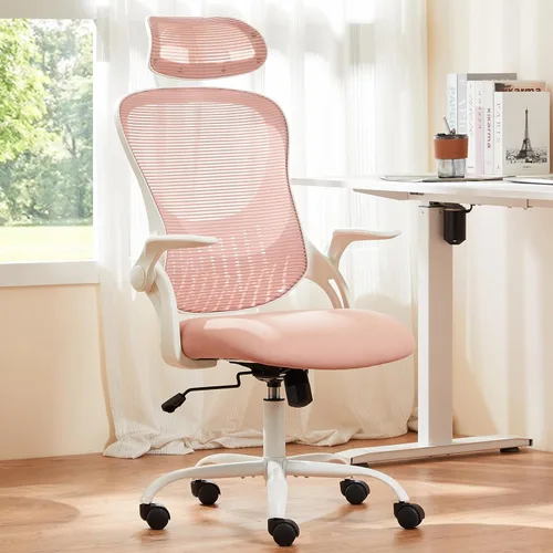 Miniatura 14 de Sweetcrispy Silla ejecutiva gerencial de oficina en casa, silla giratoria de malla ergonómica ajustable con respaldo medio, brazos abatibles, cómodo