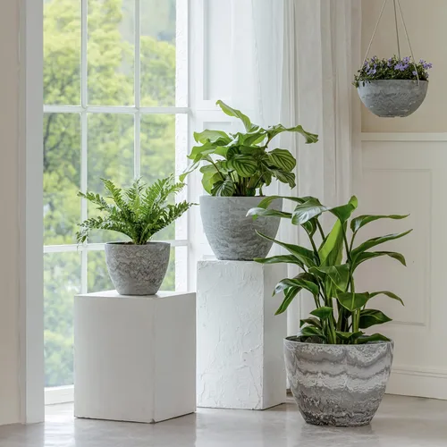 Miniatura 4 de LA JOLIE MUSE Macetas de Flores para Exterior Jardineras de Jardín, Macetas de Interior con Agujeros de Drenaje, Plástico, Patrón de Mármol Gris