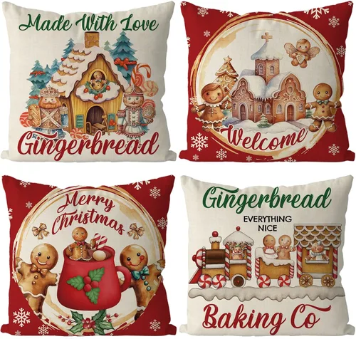 GAGEC Fundas de almohada navideñas de 16x16 pulgadas de pan de jengibre vintage rojo, fundas de almohada decorativas de Navidad Xmas invierno, funda