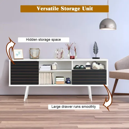 Miniatura 6 de Tangkula Soporte de TV moderno Mid-Century para televisores de hasta 70 pulgadas, mesa consola de TV de madera con estantes de almacenamiento