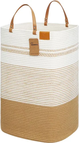 danpinera Cesta Grande de Lavandería – Cesta de Almacenamiento Tejida de Algodón Alto de 75L con Asas de Cuero, Cesta de Ropa Sucia Esbelta, Cesta