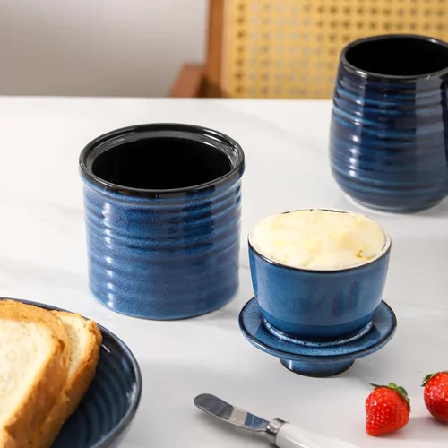 Miniatura 8 de HASENSE Vajilla de mantequilla de cerámica con tapa, plato de mantequilla para encimera con línea de agua, contenedor francés de mantequilla
