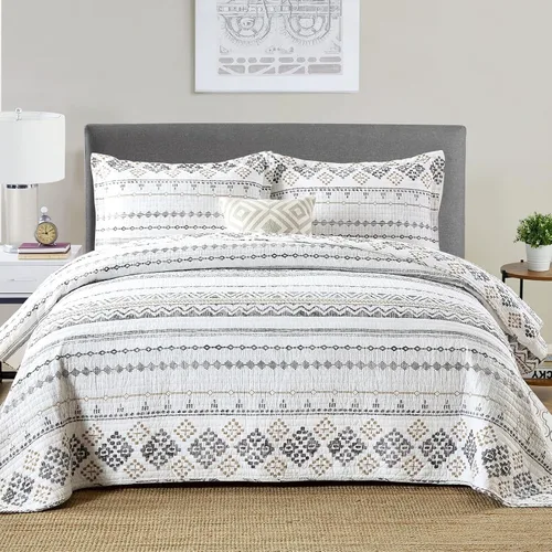 Miniatura 10 de Y-PLWOMEN Edredón geométrico tamaño King – Edredón 100% algodón, juego de edredón a rayas, colchas ligeras bohemias tamaño King para todas