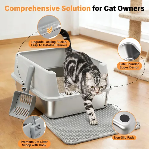 Miniatura 5 de Caja de arena de acero inoxidable con lados altos, pequeña caja de arena de metal para gatitos y gatos pequeños, cajas de arena para gatitos