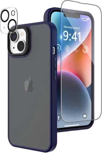 Funda compatible con iPhone 14 con protector de pantalla, cuerpo completo, a prueba de golpes, con protector de cámara, translúcido mate, funda