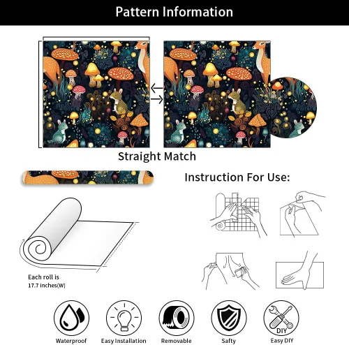 Miniatura 7 de Papel tapiz autoadhesivo de 18 x 236 pulgadas, diseño de hadas, animales, bosque, ciervo, ratón, hongos, hongos, papel de contacto extraíble, papel