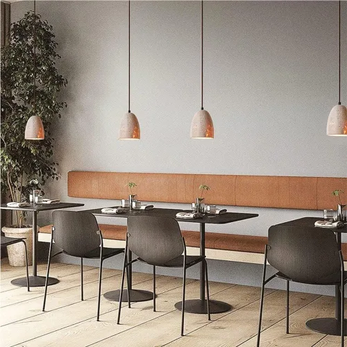 Miniatura 2 de Small Yellow Travertine Hanging Lamp Vintage Mid Century Living Room Pendant Lights Modern Simple Wood Dome Chandeliers for Farmhouse Restaurant