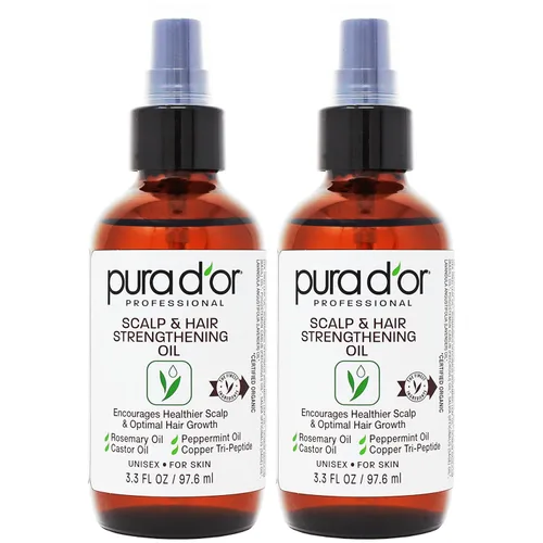 PURA D'OR Aceite para fortalecer el cuero cabelludo y el cabello (3.3 onzas x 2 = 6.6 onzas) soporta un crecimiento óptimo, reduce la rotura, nutre