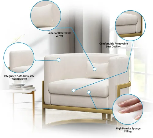 Miniatura 8 de Alunaune - Sillón tapizado de terciopelo con diseño Accent, sillas Barrel modernas para sala de estar, sofá de salón estilo Tub Bucket, silla