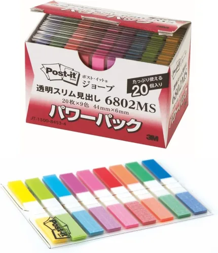 Post-it 6802MS - Notas adhesivas de película, cabeceras, transparentes, delgadas, 1.7 x 0.2 pulgadas (1.732 x 0.236 in), 20 hojas, 9 colores, 20