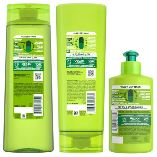 Miniatura 11 de Garnier Fructis Sleek & Shine Champú, Acondicionador + Juego de Acondicionador Sin Enjuague para Cabello Encrespado y Seco, Queratina Vegetal +