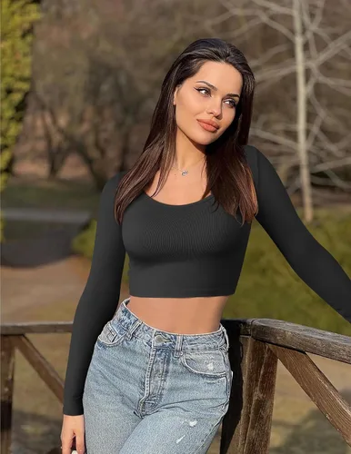 Miniatura 6 de OQQ Camiseta corta de 3 piezas para mujer, manga larga, cuello redondo, elástica, ajustada, para mujer