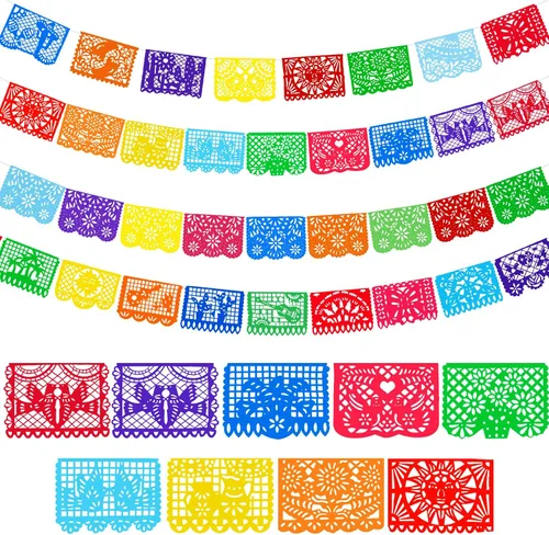 Miniatura 6 de 4 paquetes de pancartas de fiesta mexicana de 60 pies, pancarta de papel picado de plástico para fiesta, cinco de mayo, día de los muertos